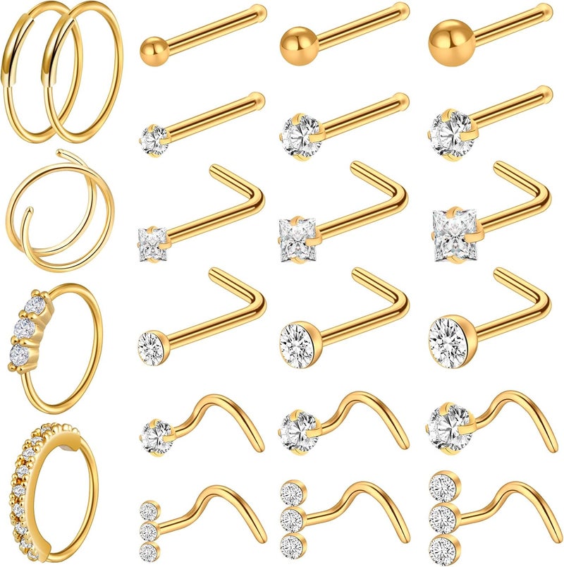 ONESING 23-40 Pcs Gold Nose Rings & Studs - 18G & 20G Nose Piercing Jewelry - L Shape, Hoop & Screw Body Jewelry for Women & Men - Image 1